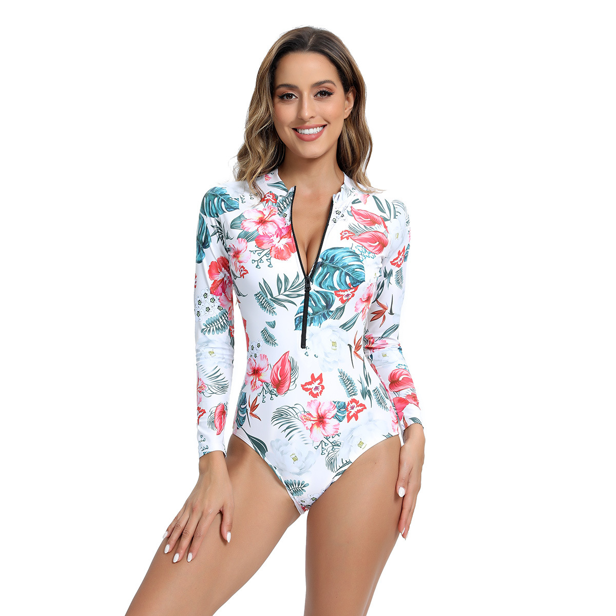 New Floral Printing Women Swimsuit Front Zipper Bodysuit Long Sleeve Bikini